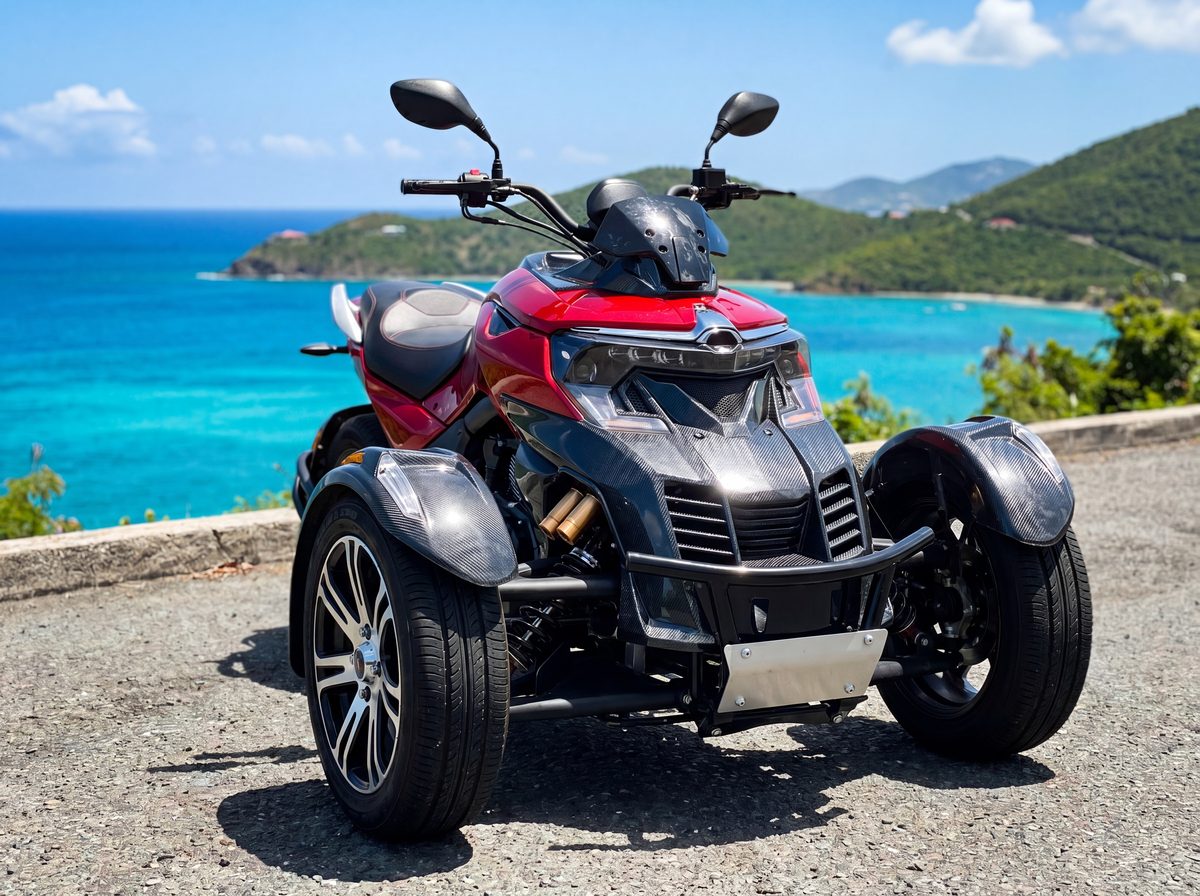 A colorful three-wheel Super Trike parked at a scenic St. Thomas overlook above sapphire-blue water