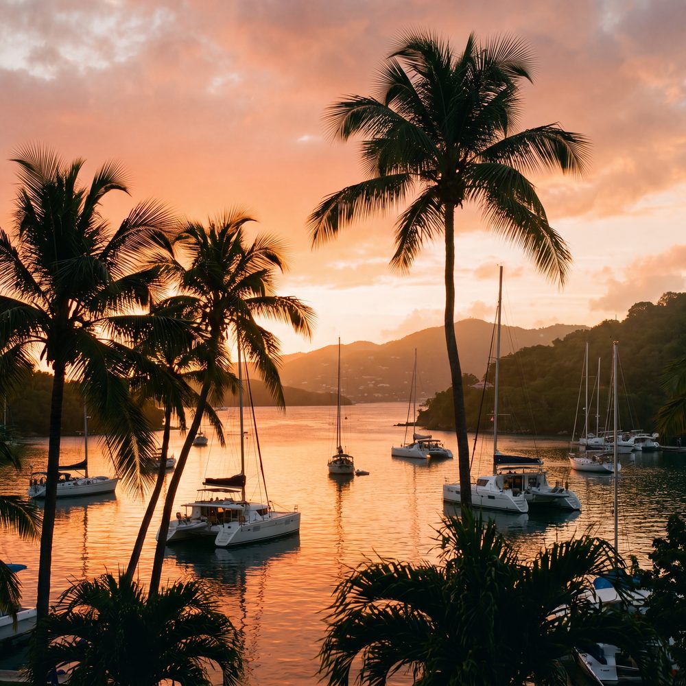 Golden sunset over a St. Thomas marina