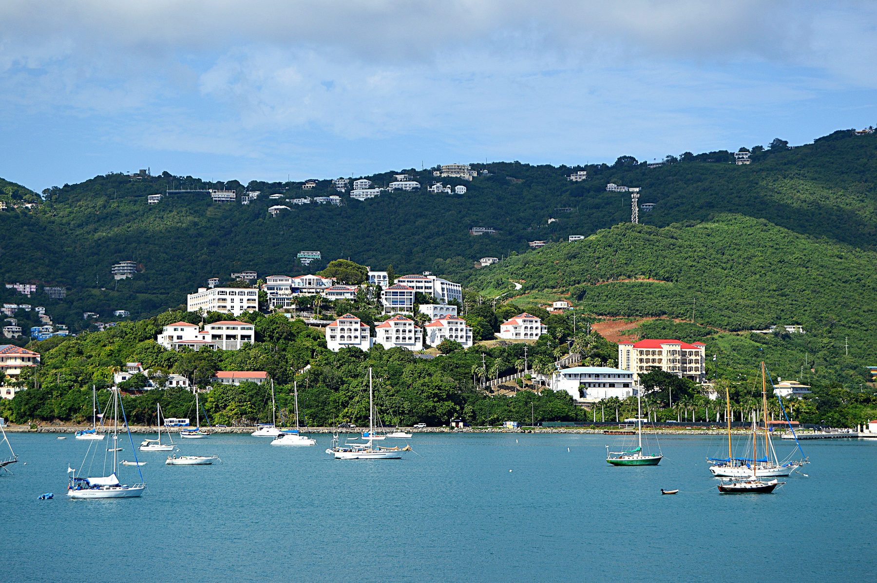Red Hook waterfront marina with sailboats in St. Thomas